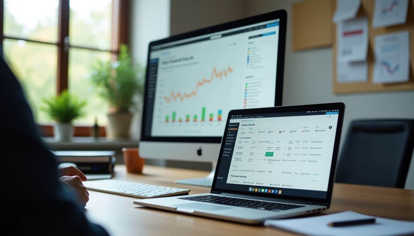 A work desk with technology gadgets and marketing materials in natural lighting.