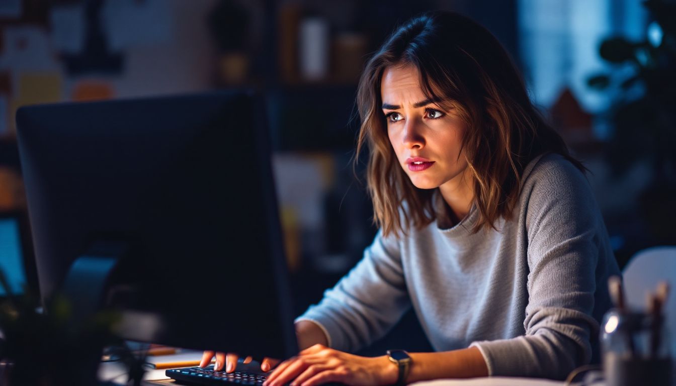 A frustrated woman struggles with data entry on her computer.