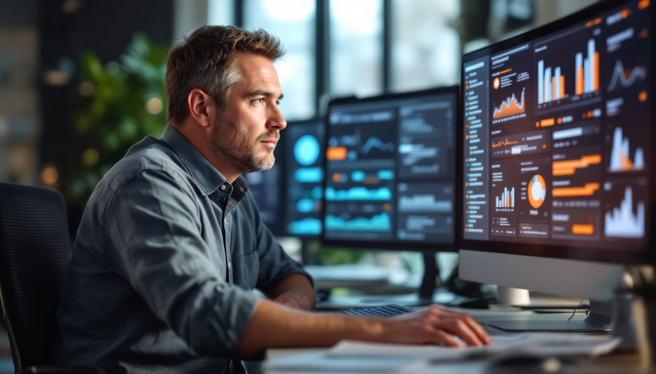 A man uses AI marketing tools in a busy office setting.