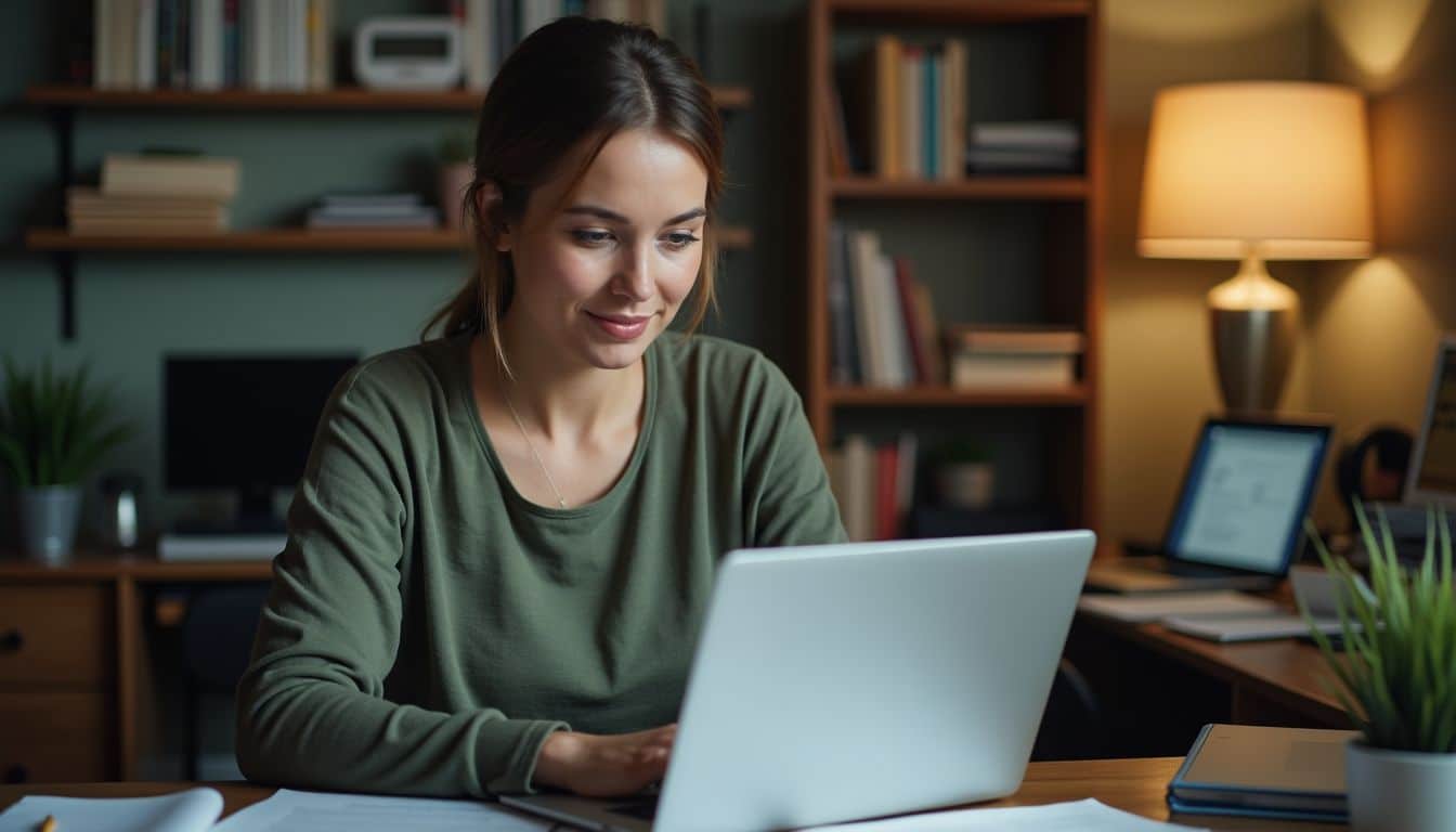 A woman in her 30s is reviewing customer feedback on her laptop.
