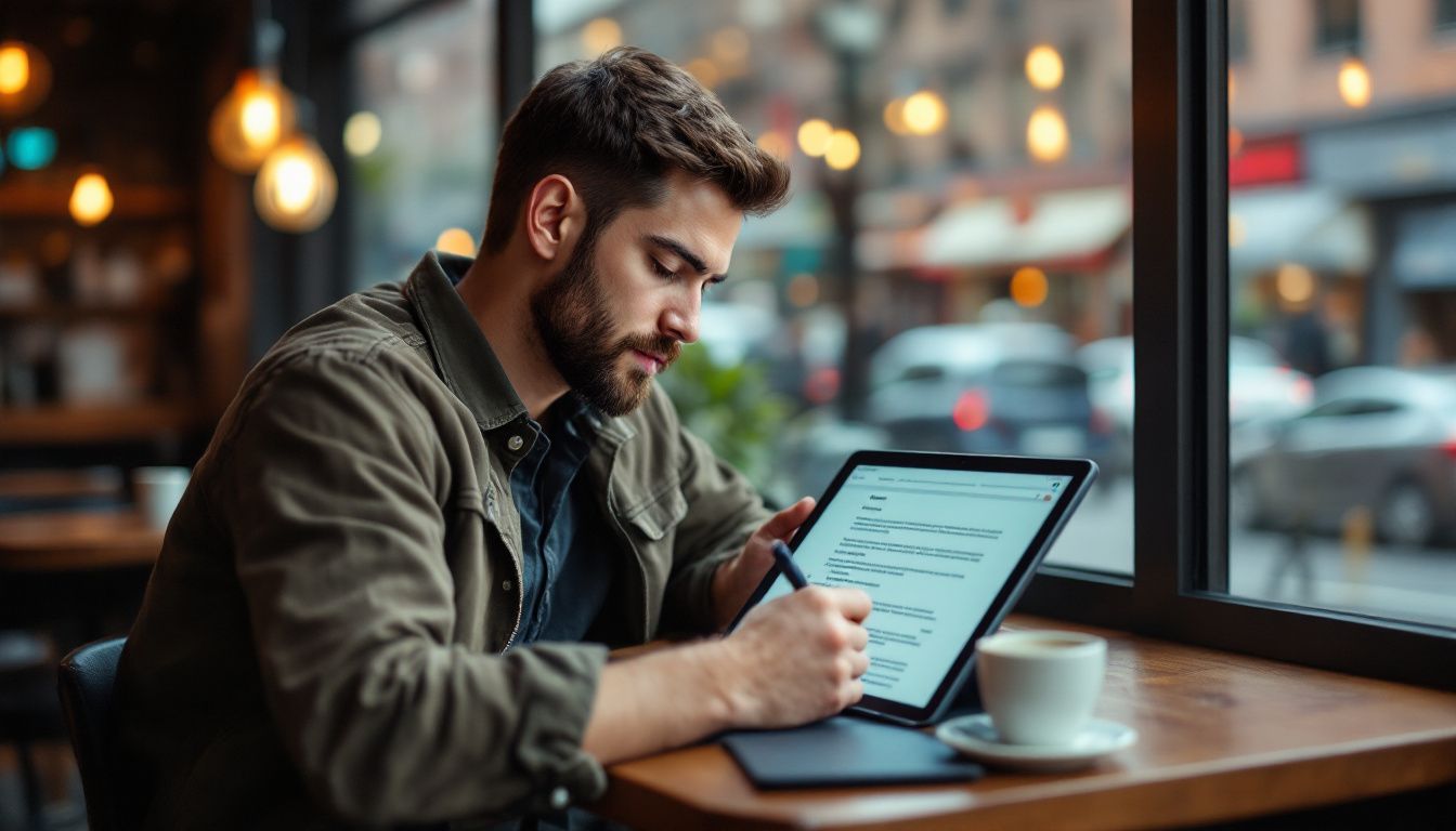 A person writing a restaurant review at a coffee shop.