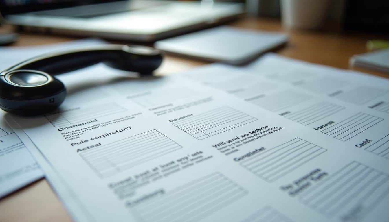 A cluttered office desk with various pulse survey response forms.