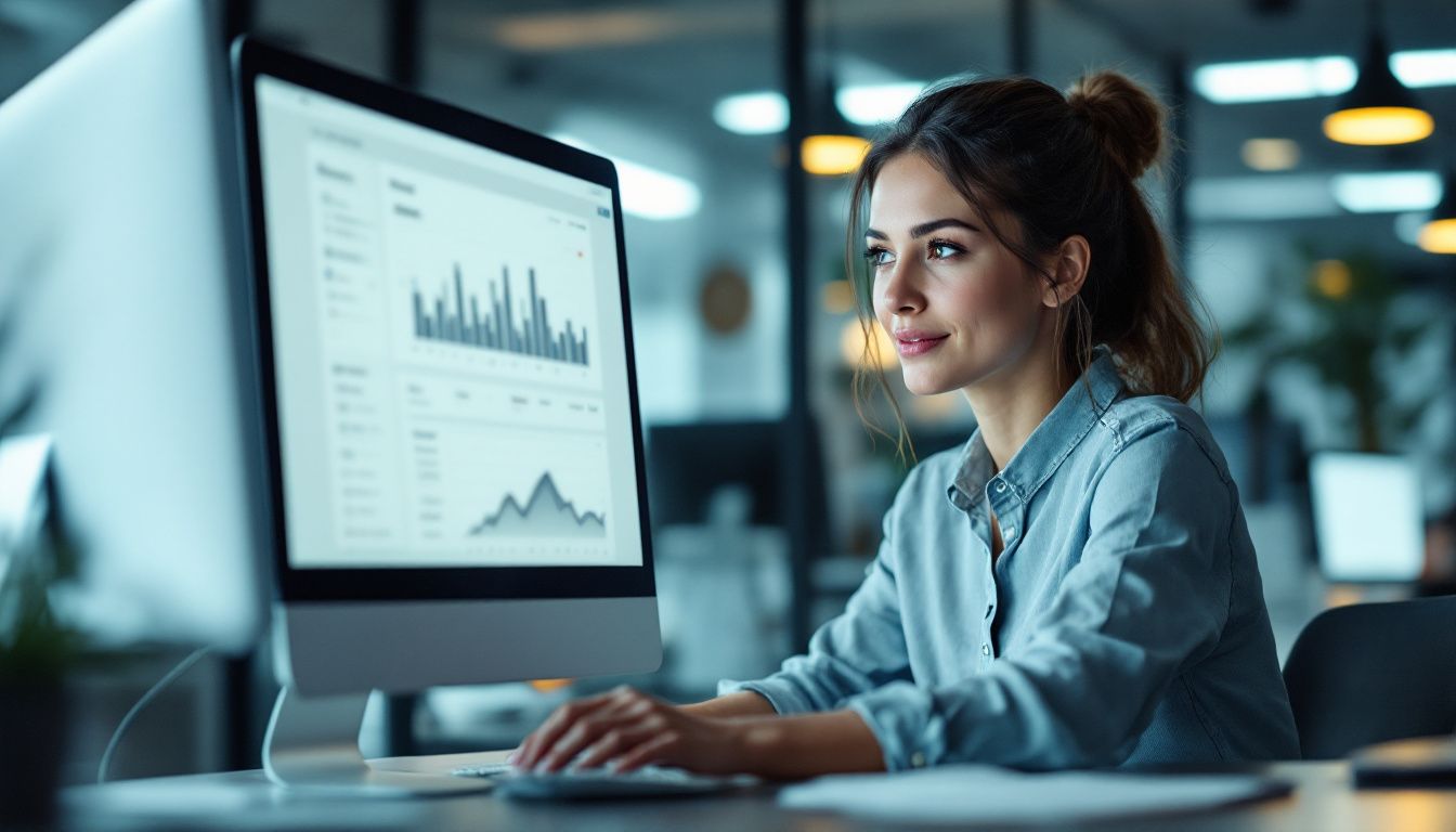 A woman in a modern office using AI-powered customer sentiment analysis.