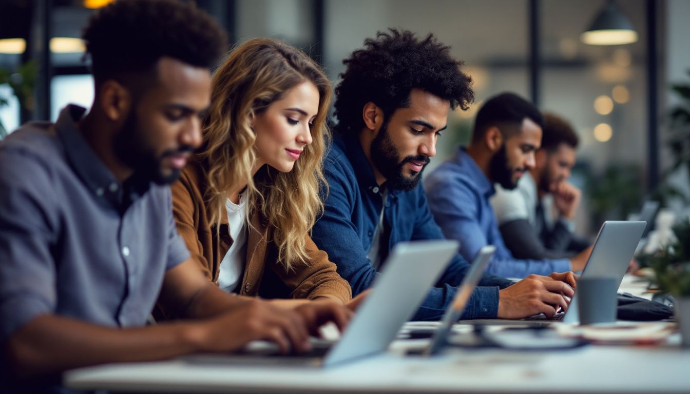 A diverse group of professionals using various sales technology tools in a modern office environment.