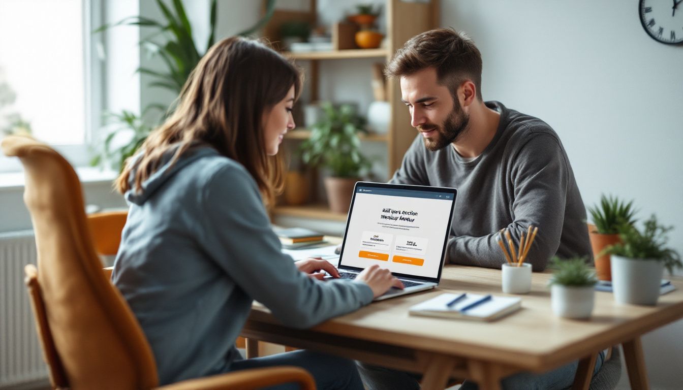 A couple in a cozy home office, focused on laptop work.