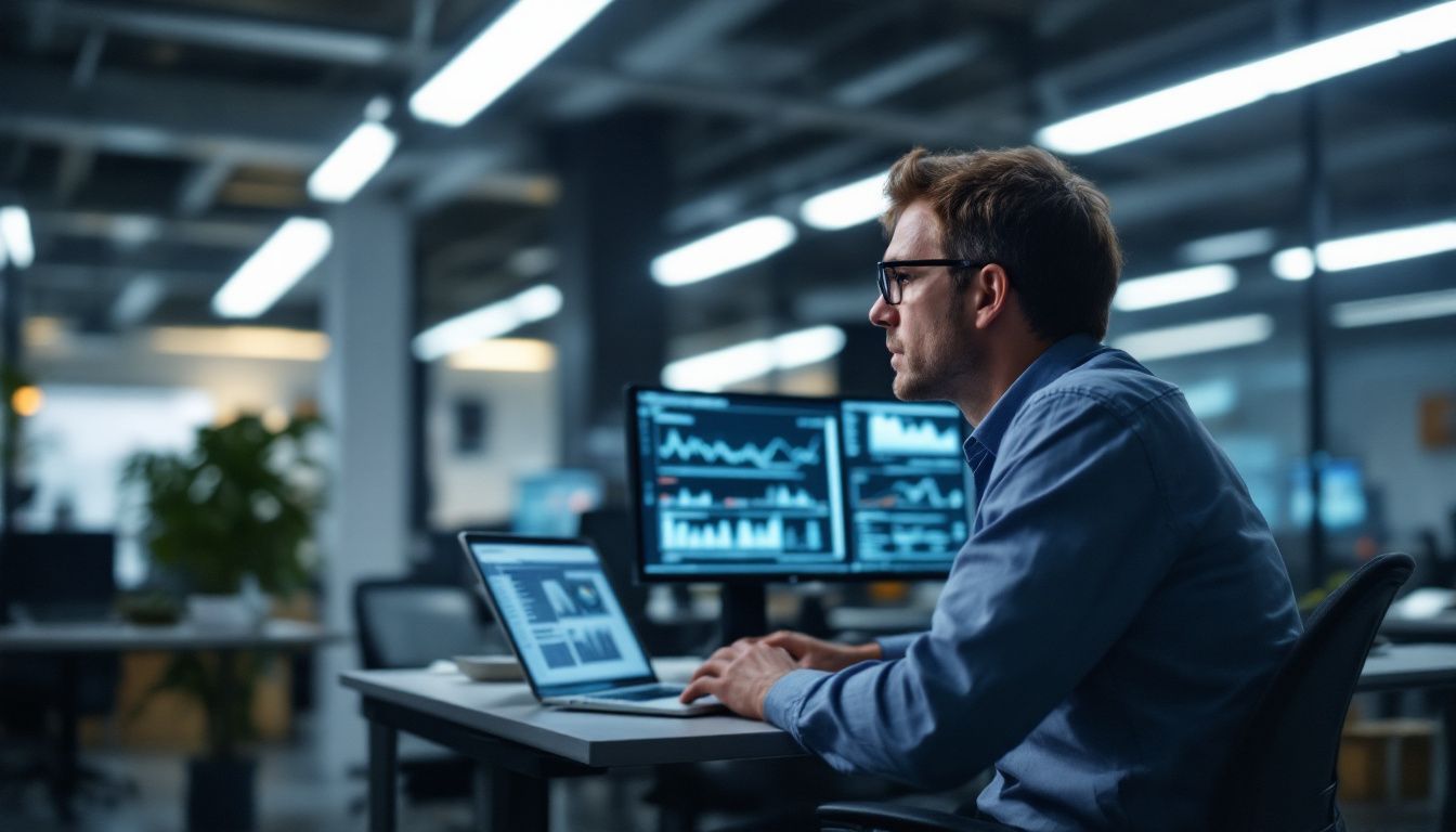 An analyst is focused on reviewing data charts on a computer.