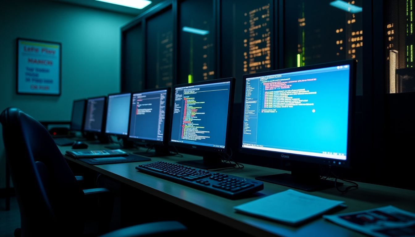 A server room with computers, security alerts, whiteboard, and cybersecurity materials.