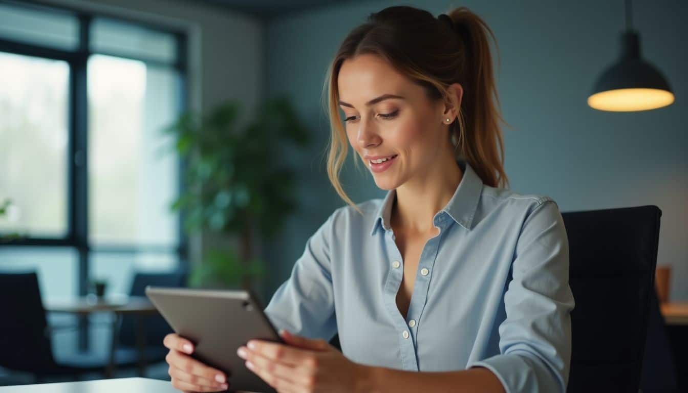 A woman fills out a customer satisfaction survey in an office.