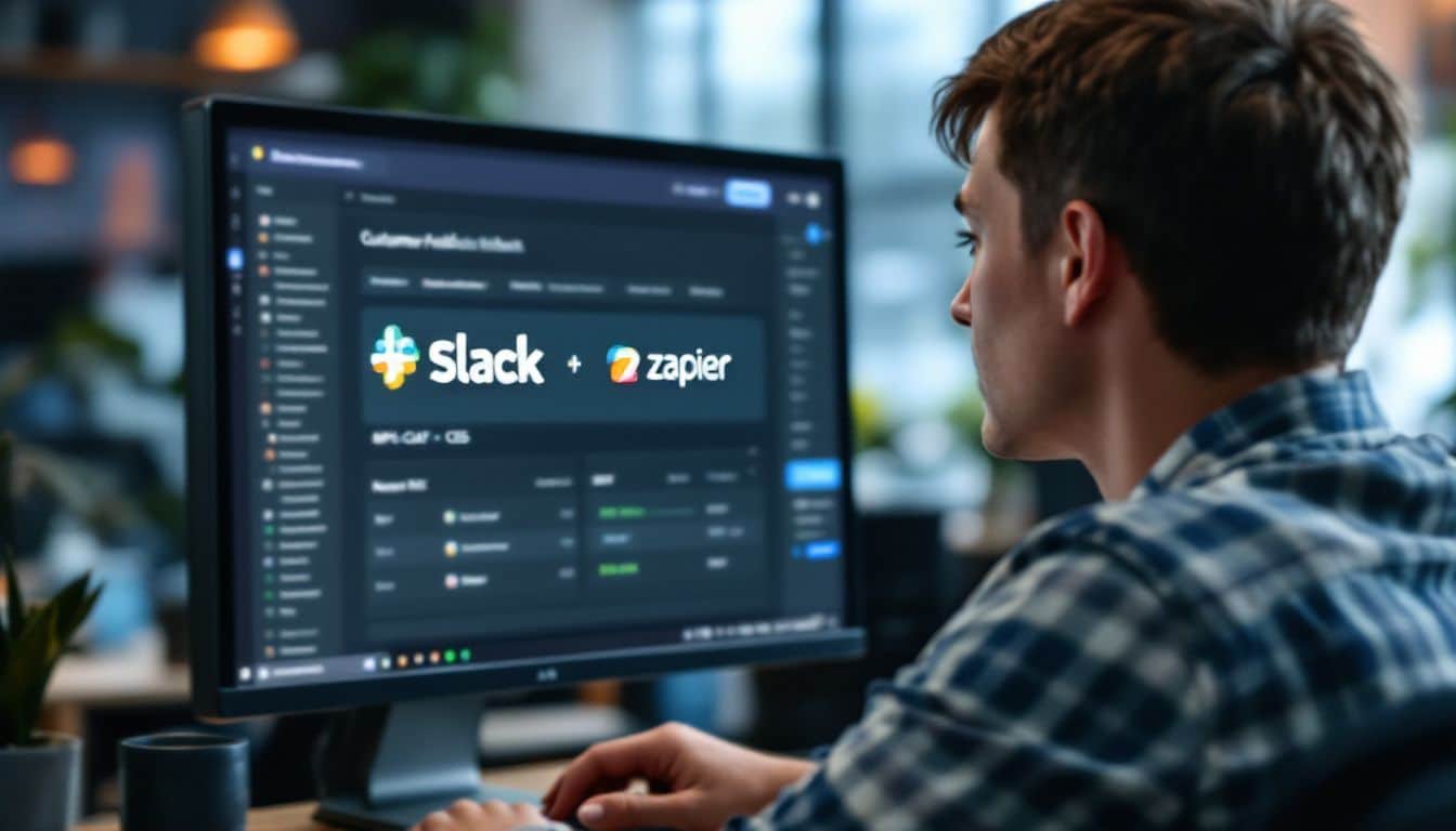 A person in a modern office working on customer feedback software.