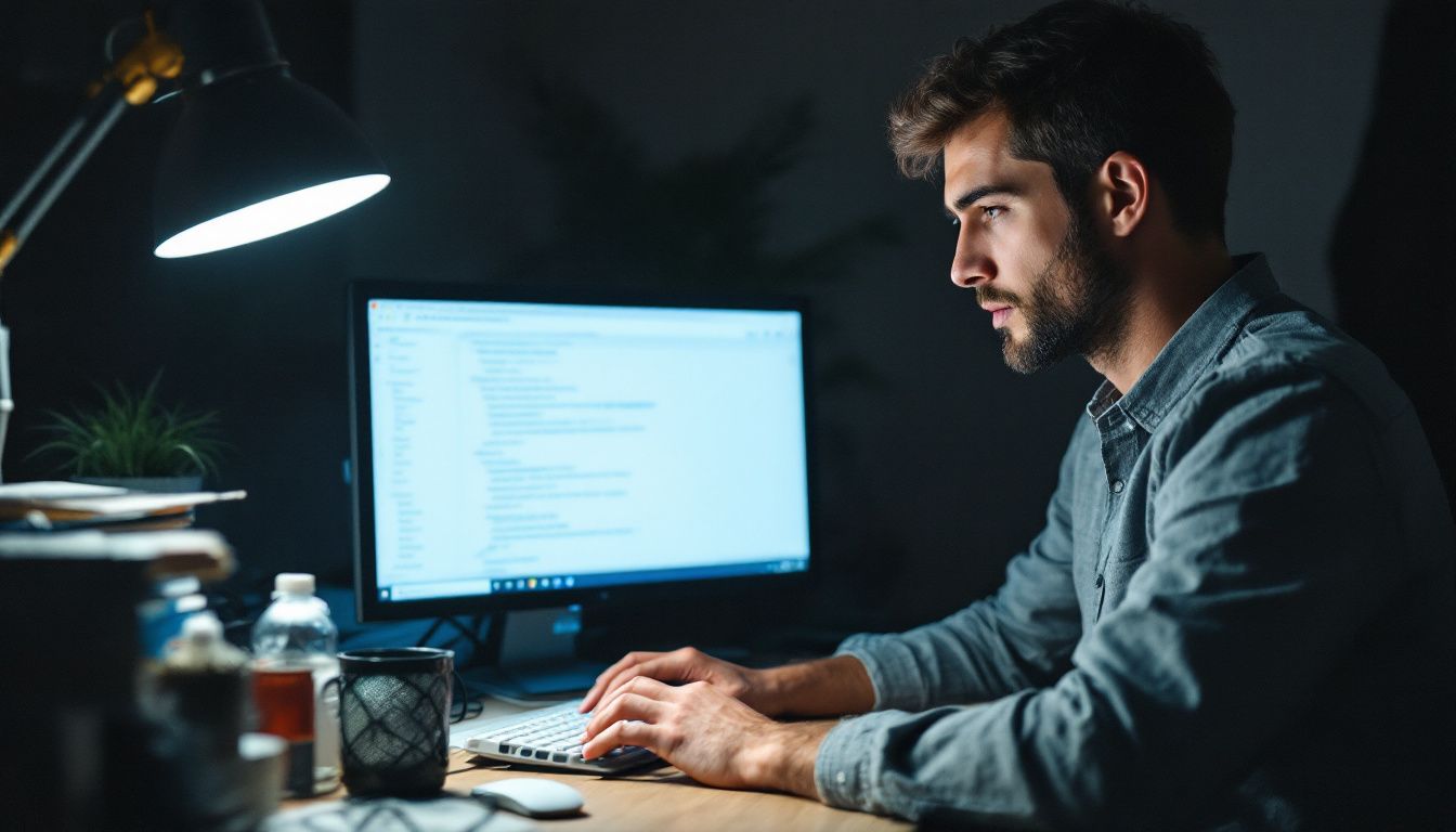 A person is focused on urgent website maintenance at cluttered desk.