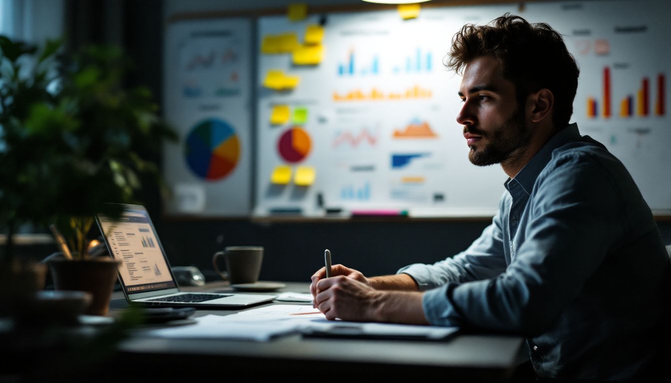 A person conducting market research at their desk with charts and data.