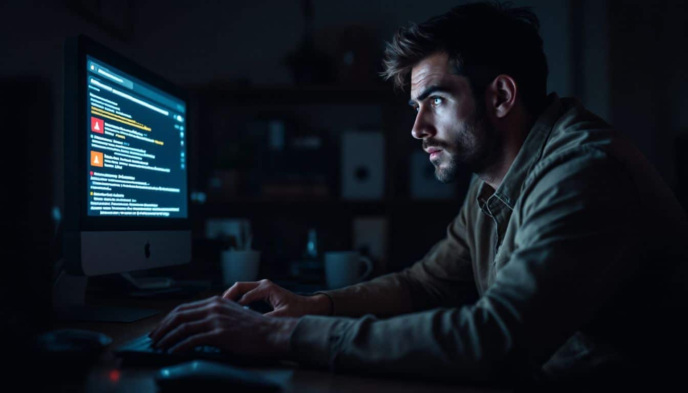 A person in a home office looks concerned at their computer.