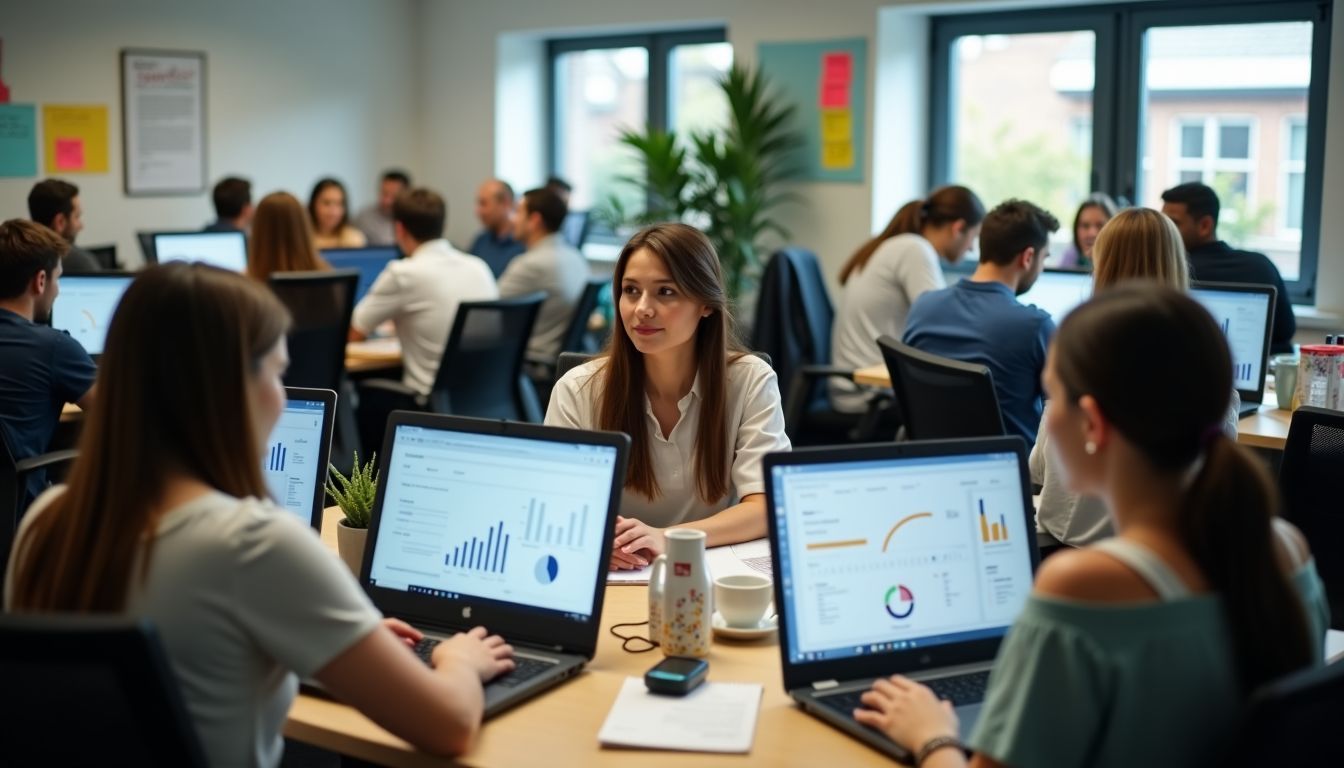 A diverse sales team working on laptops in a cluttered office.