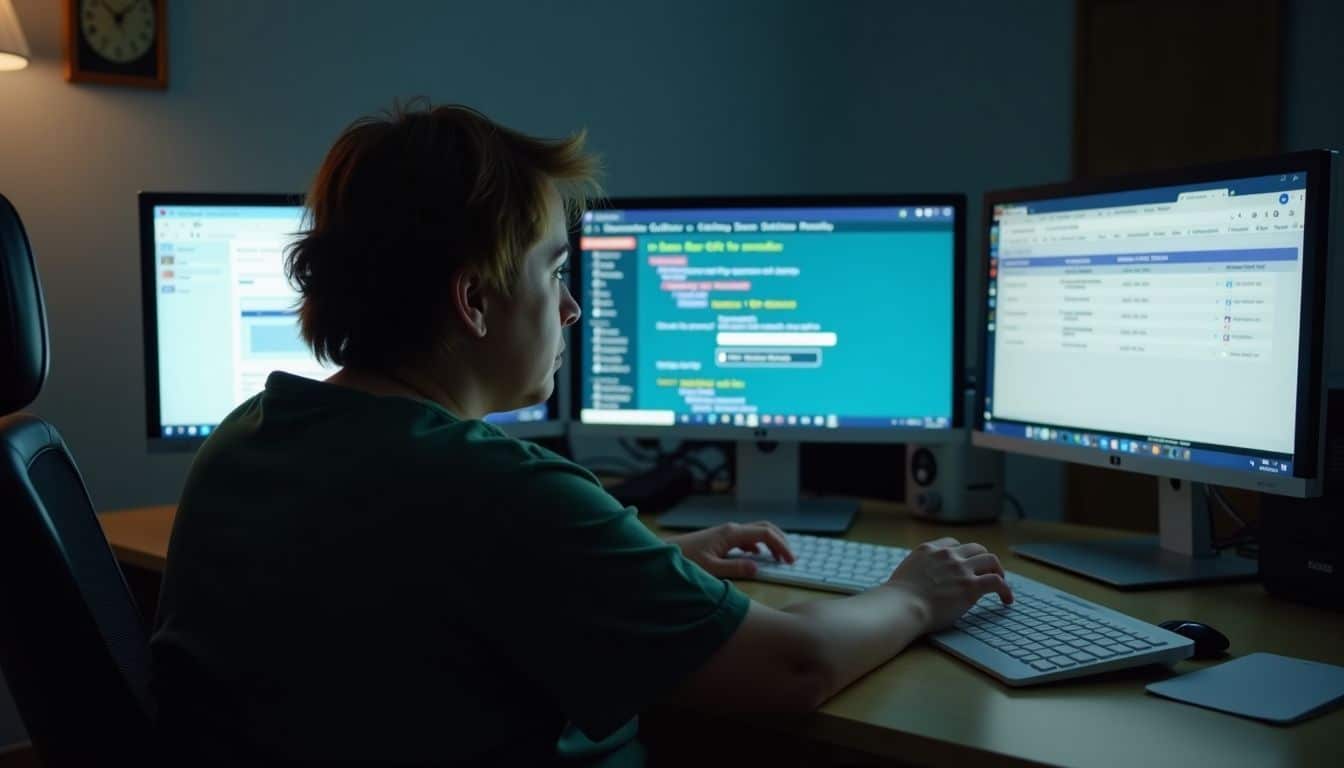 A person at a cluttered desk focusing on cybersecurity updates.