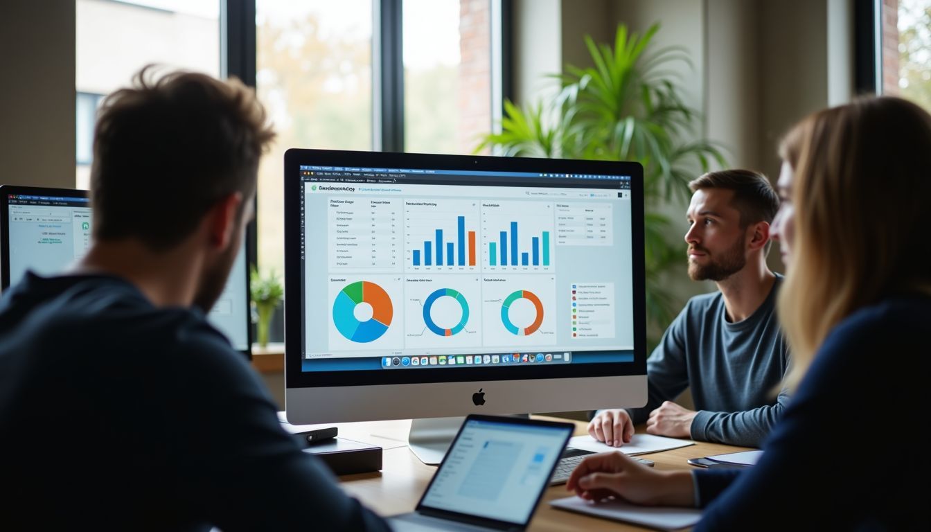 An office setting with a computer screen showing AI integrated NPS frameworks.