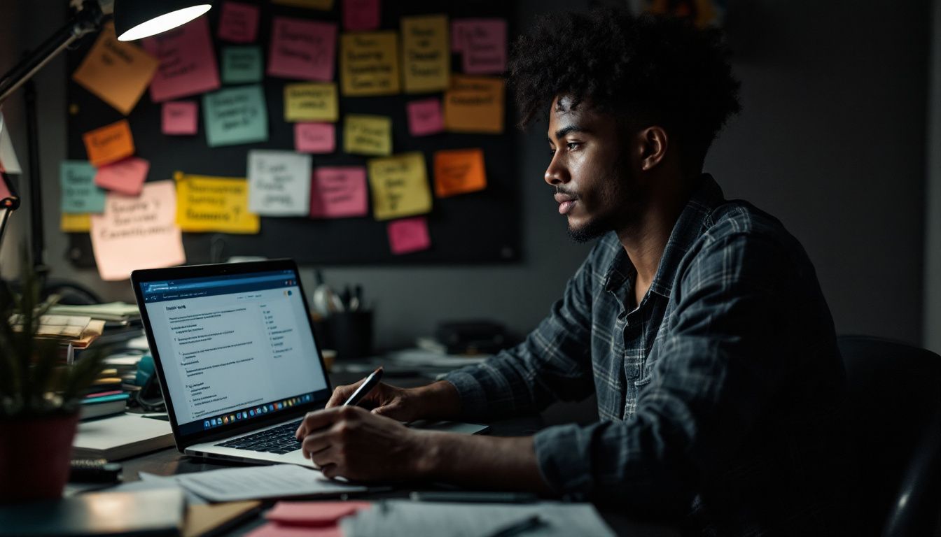 A person working at a cluttered desk on survey goals and questions.