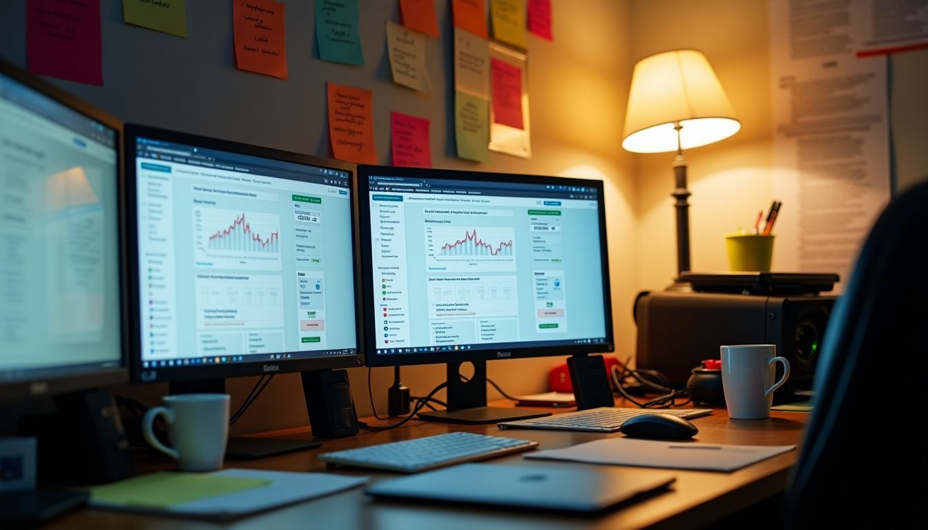 A cluttered desk with multiple screens and sticky notes for CTA testing.