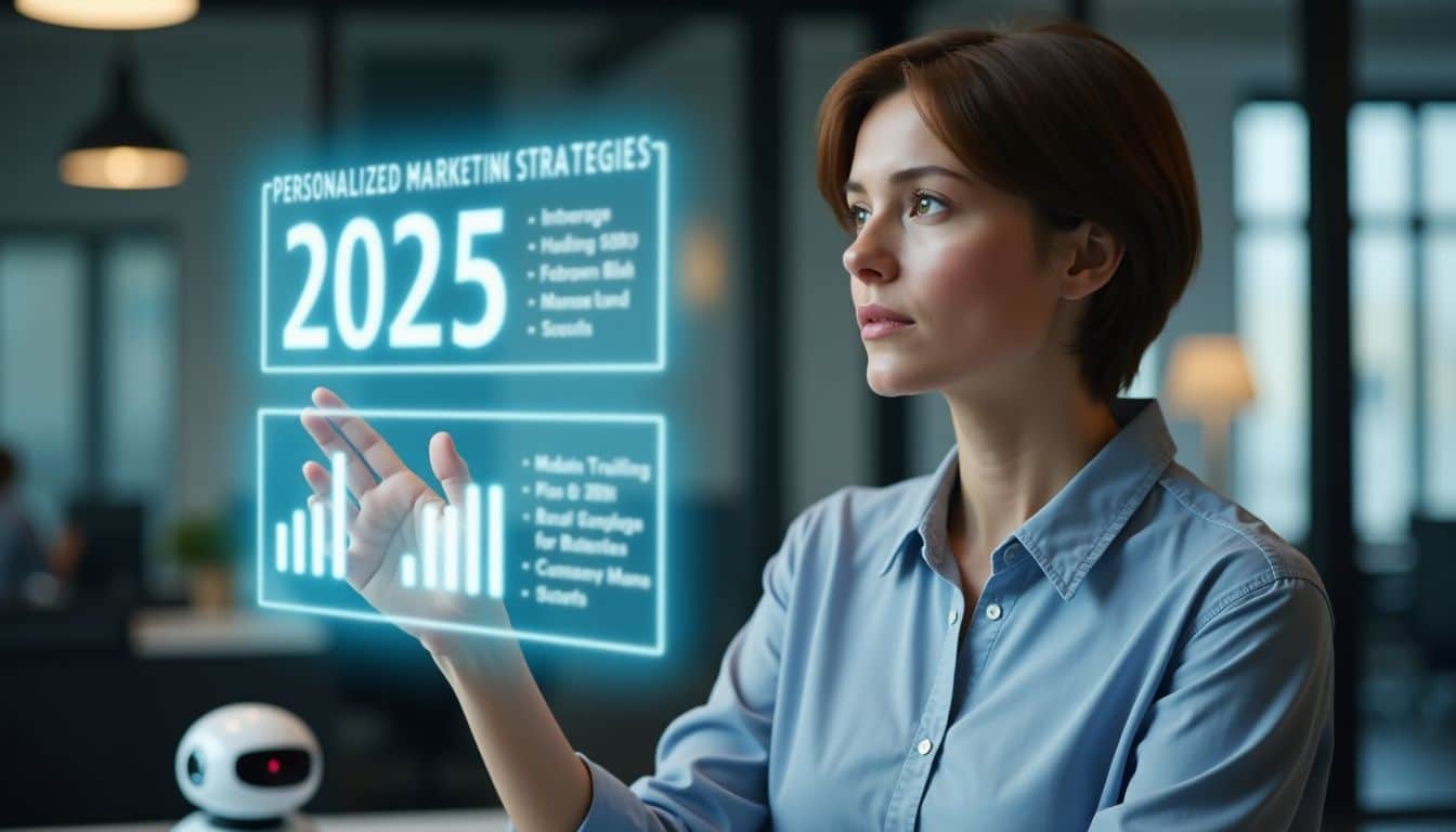 An AI specialist interacts with holographic display for marketing strategies.