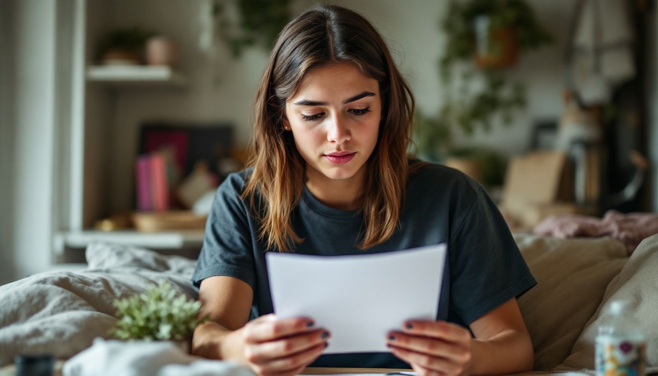 A young adult reading a personalized thank you note from a brand.