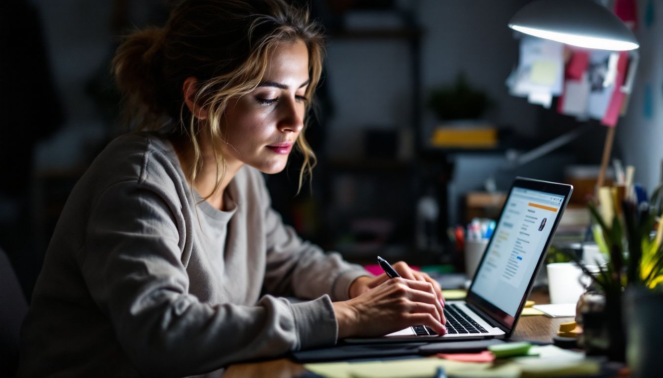 A woman at a cluttered desk is reading consumer reviews online.