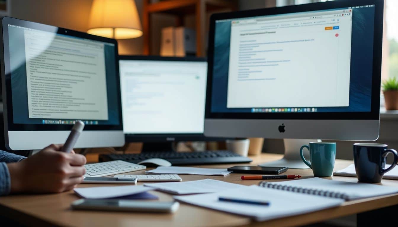 A cluttered desk with multiple computer screens and work supplies.