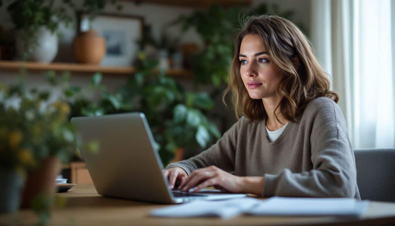 A woman at home office reading mixed consumer reviews on laptop.