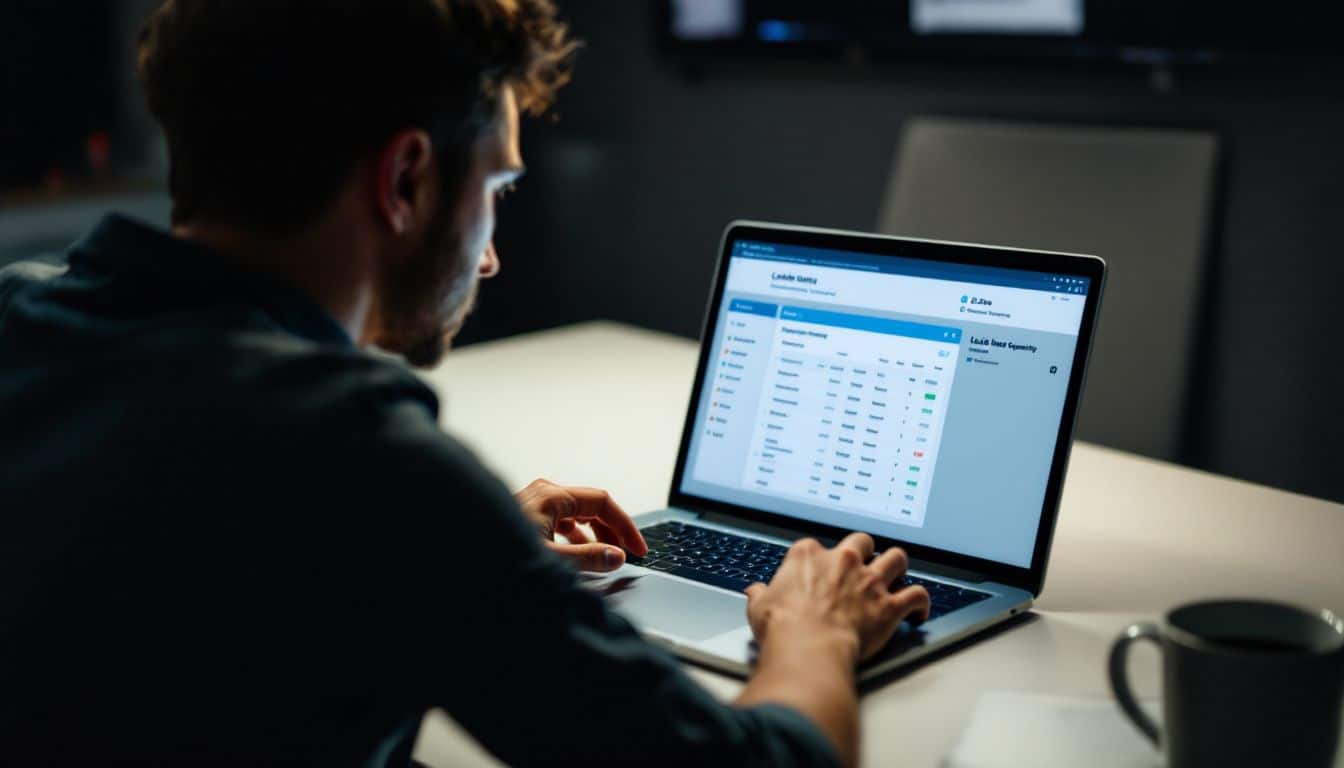 A person in their mid-30s using lead retrieval software on a laptop.
