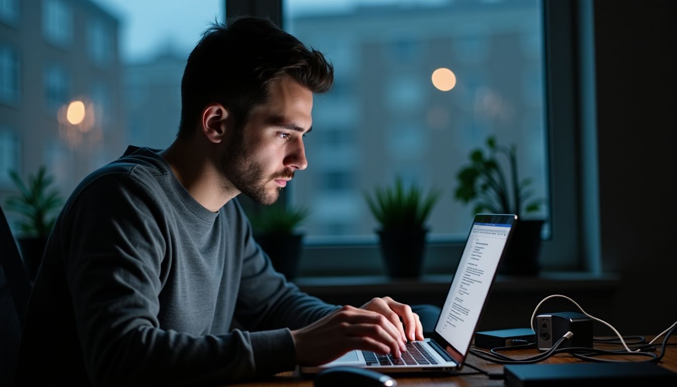 A man works on coding at a cluttered desk on a rainy day.