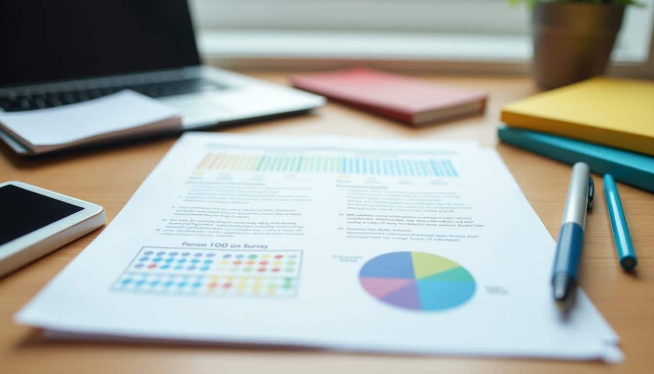 A tidy desk with colorful survey forms, pens, and digital devices.