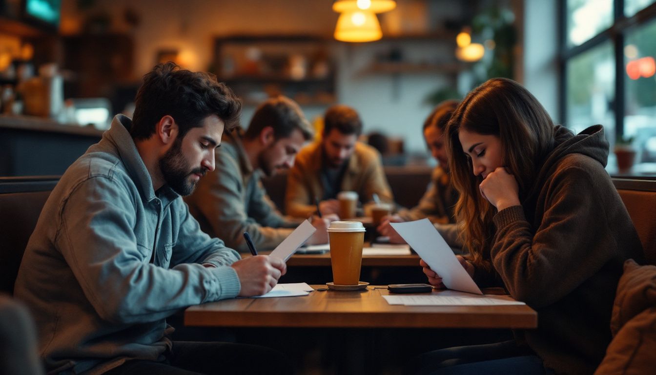Customers filling out feedback surveys in a cozy cafe setting.