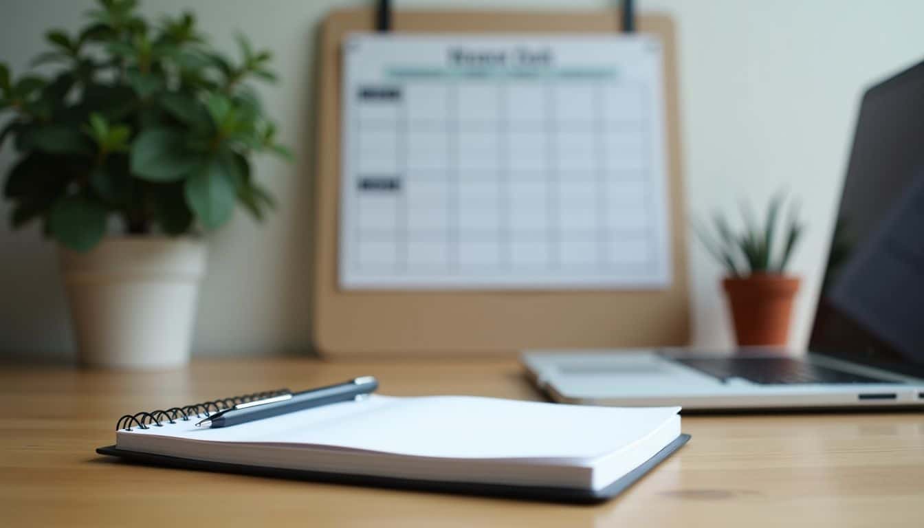 A well-organized desk with goal-setting chart for IT survey.