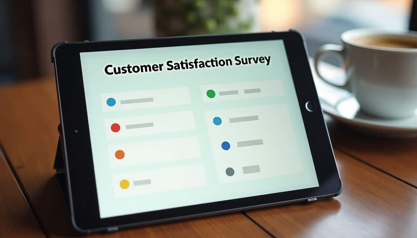 A customer satisfaction survey displayed on a tablet in a cafe setting.
