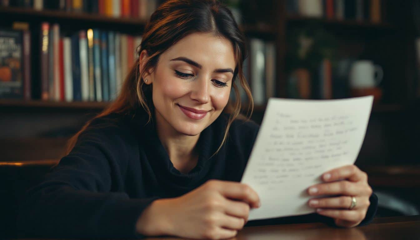 A middle-aged woman reading a customer's heartfelt letter in a cozy coffee shop.