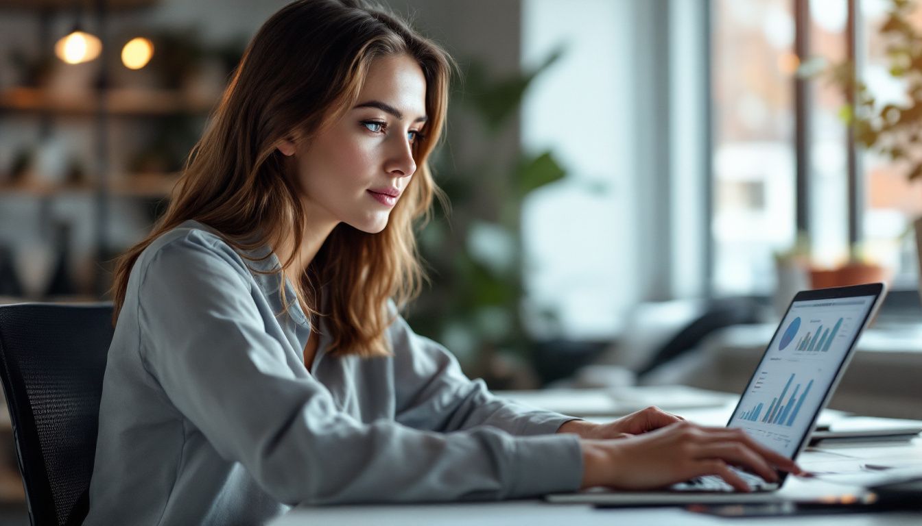 A woman working on sales and customer acquisition strategies at her desk.