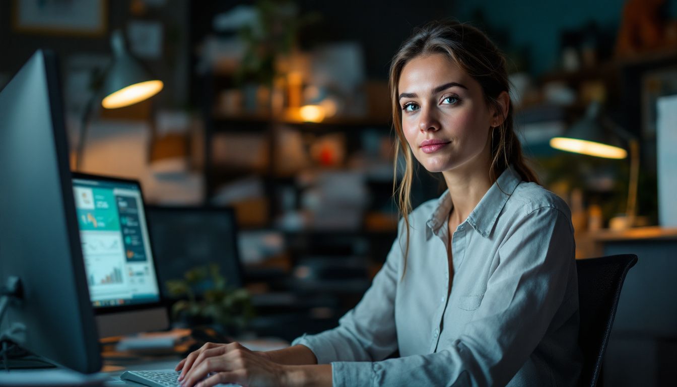 A woman at a cluttered desk monitors lead generation metrics.