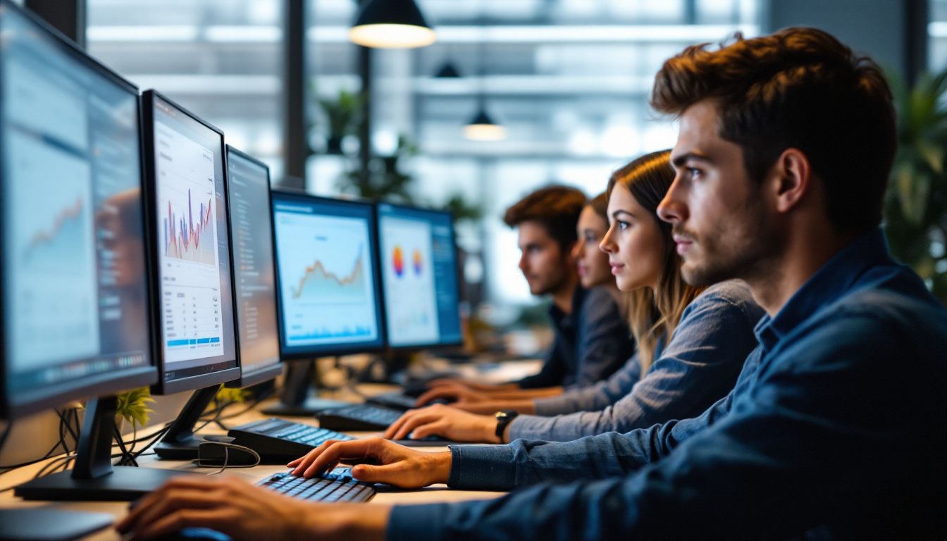 A diverse office team focuses on MQL to SQL conversion rates.