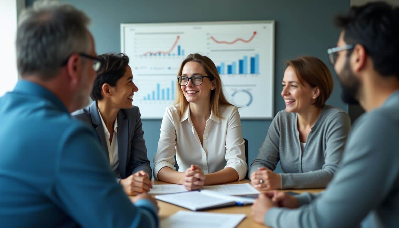 Business professionals in a modern office discussing pricing models and brainstorming.