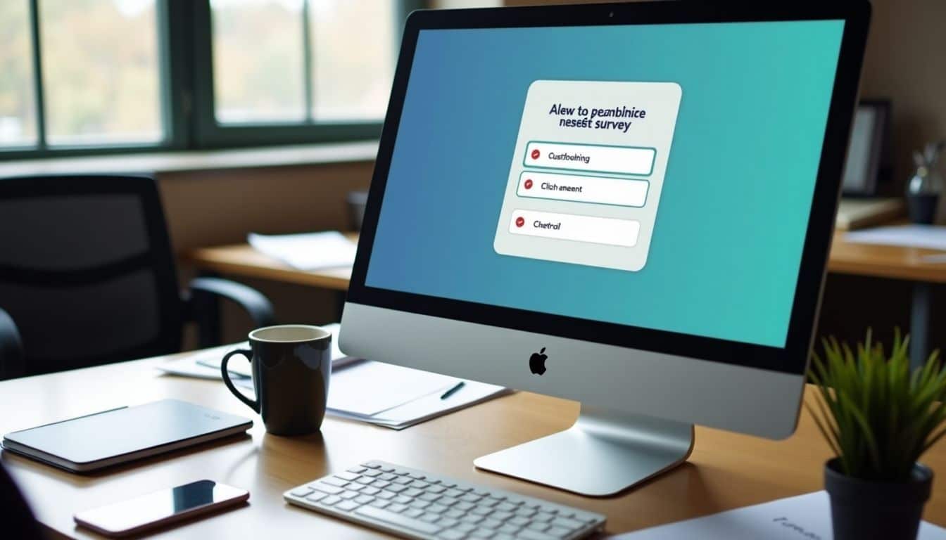 A cluttered office desk with a computer showing a pulse survey.