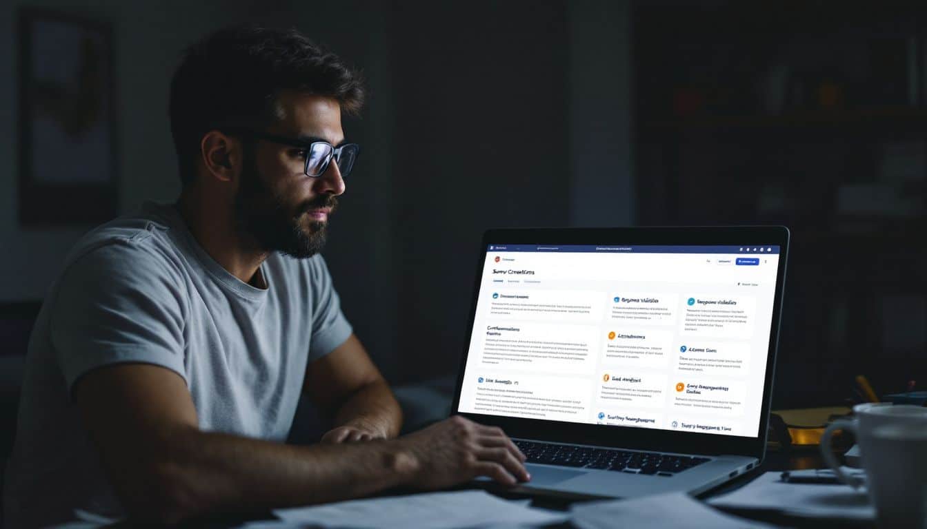 A person working at a cluttered desk with an open laptop.