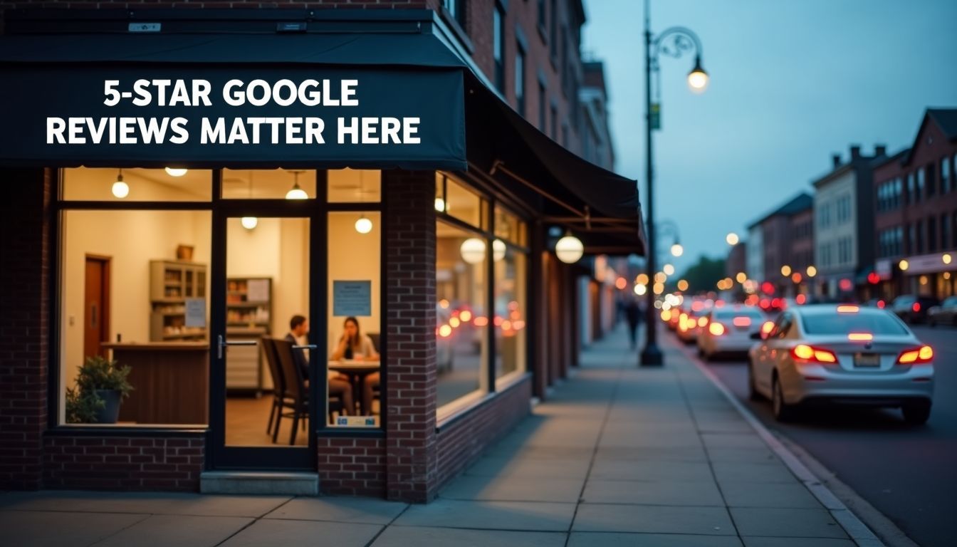 An empty storefront featuring a prominent '5-Star Google Reviews Matter Here' sign.