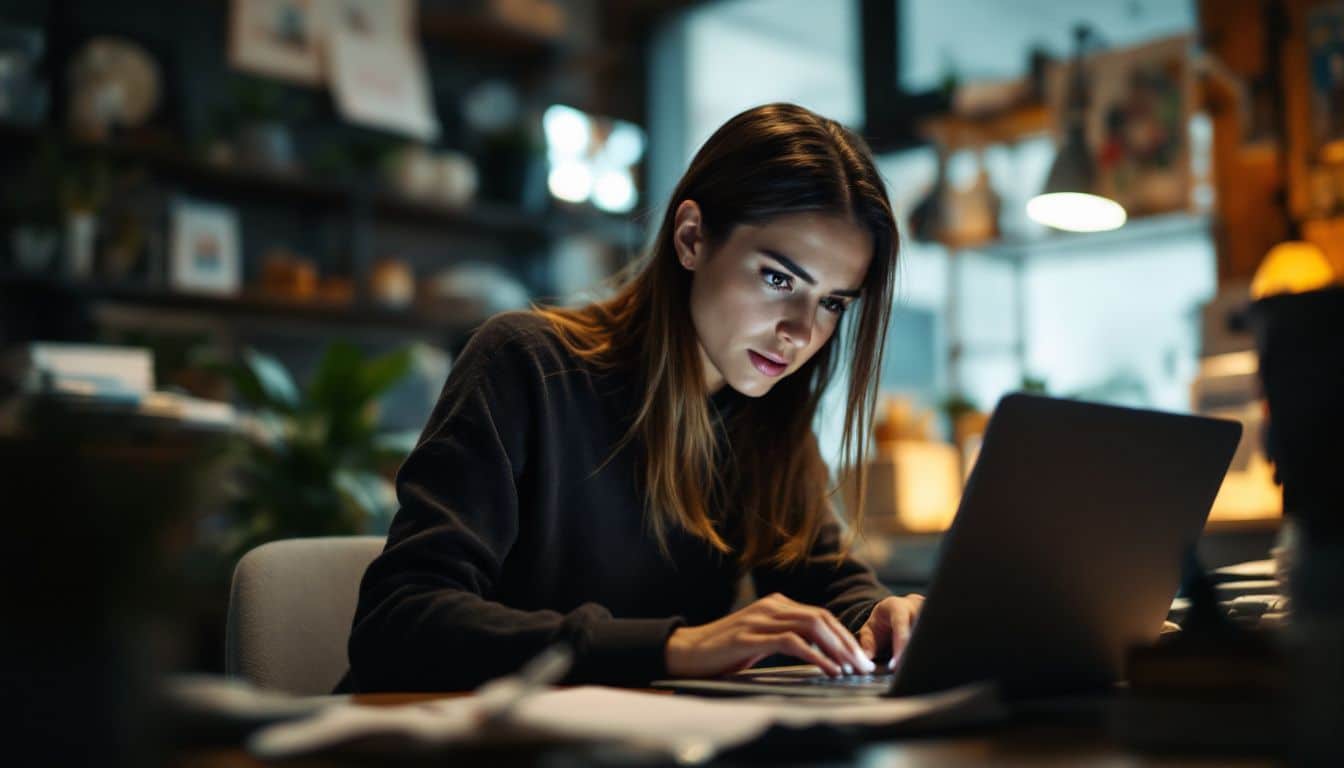 A determined female business owner reviewing online feedback on her laptop.
