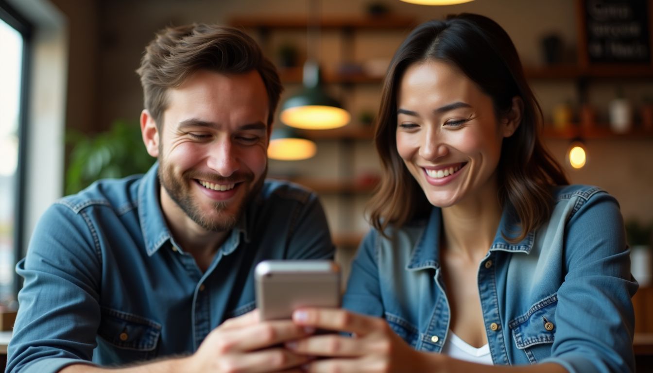 A small business owner happily shares a Google review link with a customer.