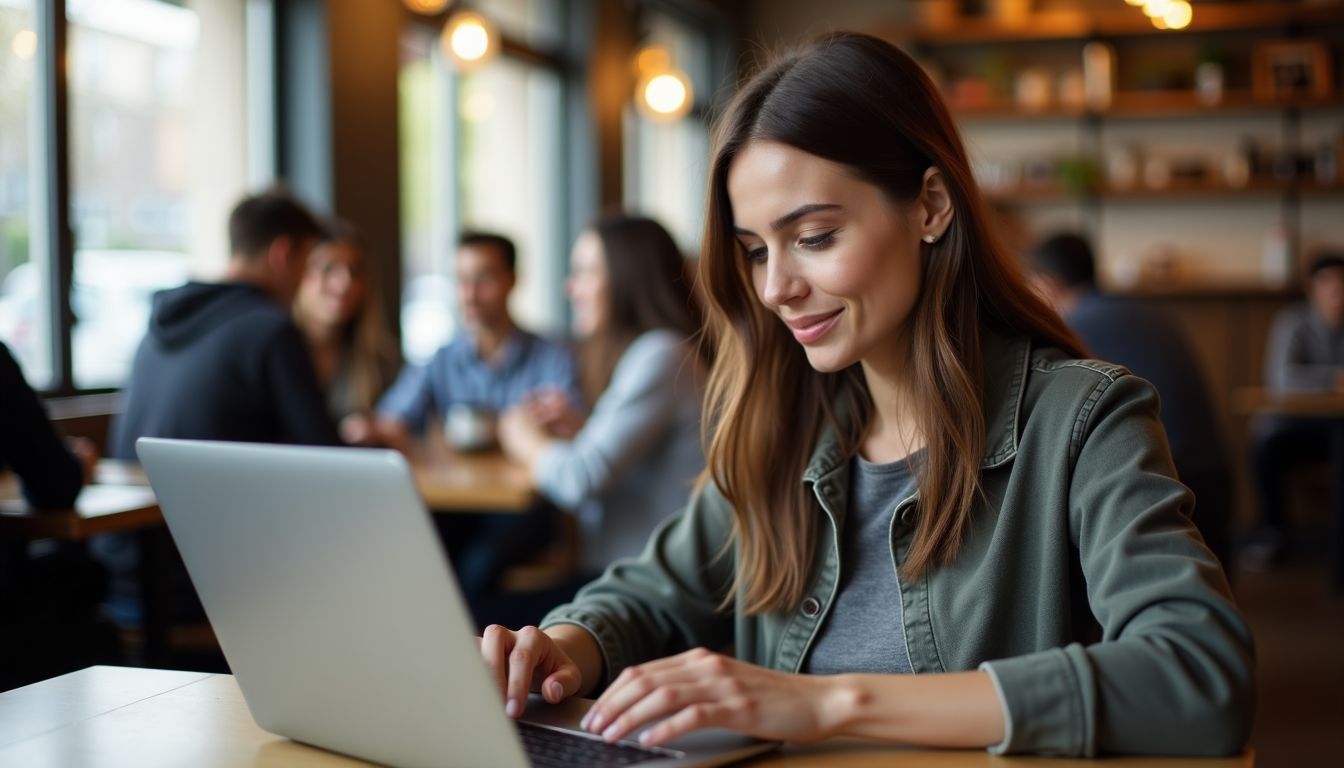 A woman in a coffee shop adding a photo to a Google review.