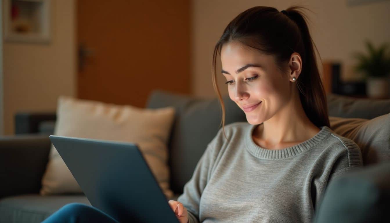 A woman reading online product reviews on her laptop at home.