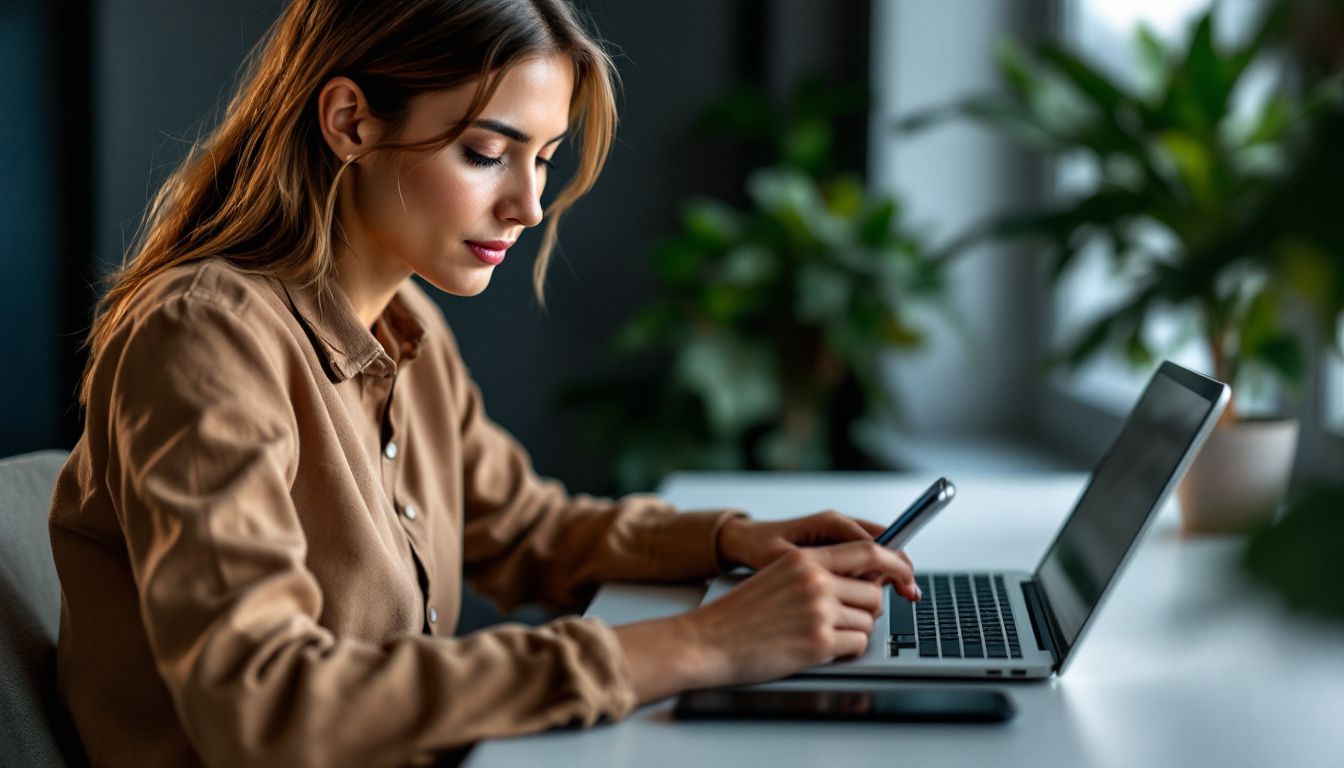 A woman is customizing feedback requests using automation tools at her desk.