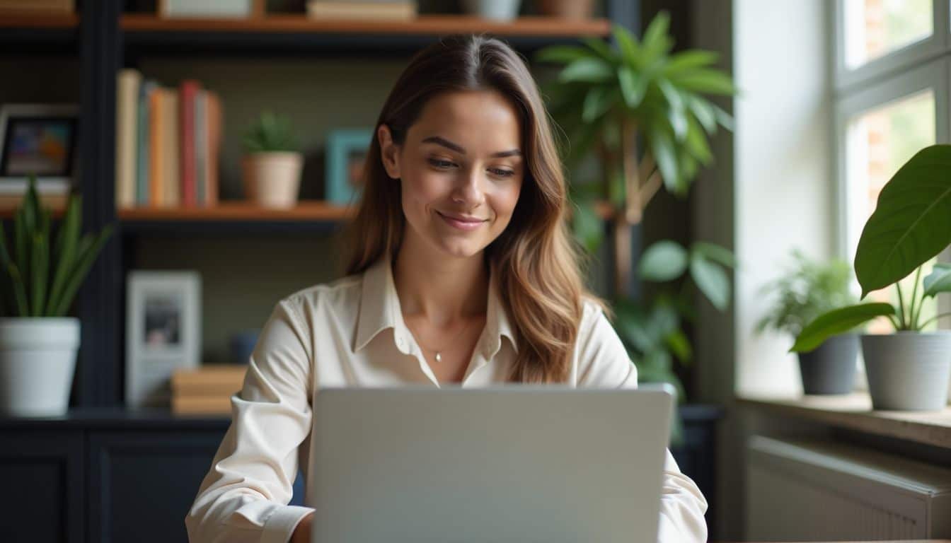 A small business owner updating online testimonials in a cozy home office.