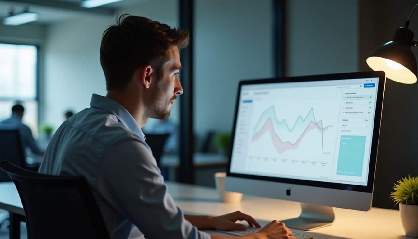A person in casual attire looks at a computer screen in an office.