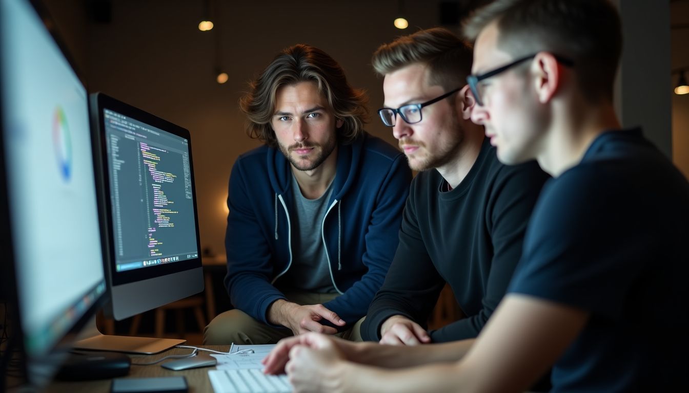 A group of web developers analyzing code and discussing technical details.