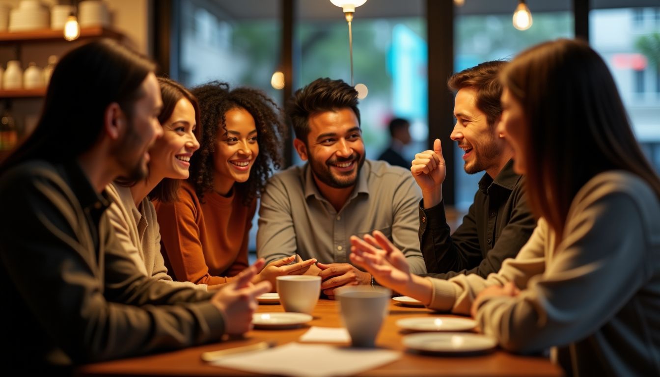 A group of people having a lively discussion in a cafe.
