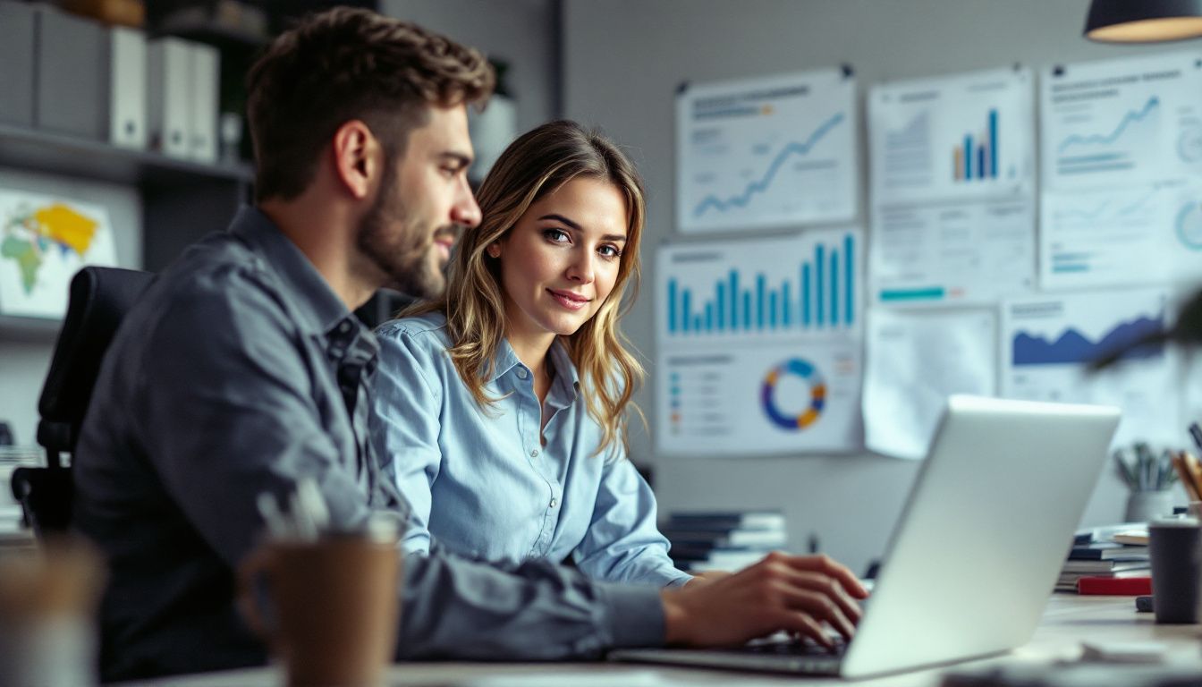 A woman in her mid-30s sits at an office desk, reviewing customer feedback on her laptop.
